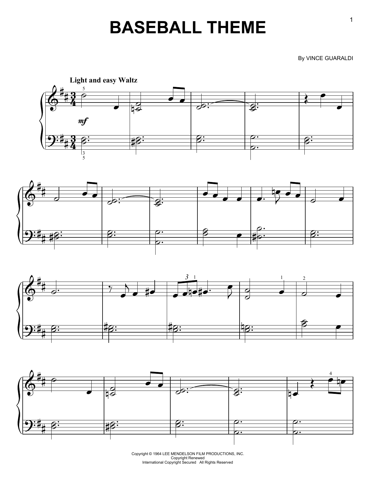 Download Vince Guaraldi Baseball Theme Sheet Music and learn how to play Easy Piano PDF digital score in minutes