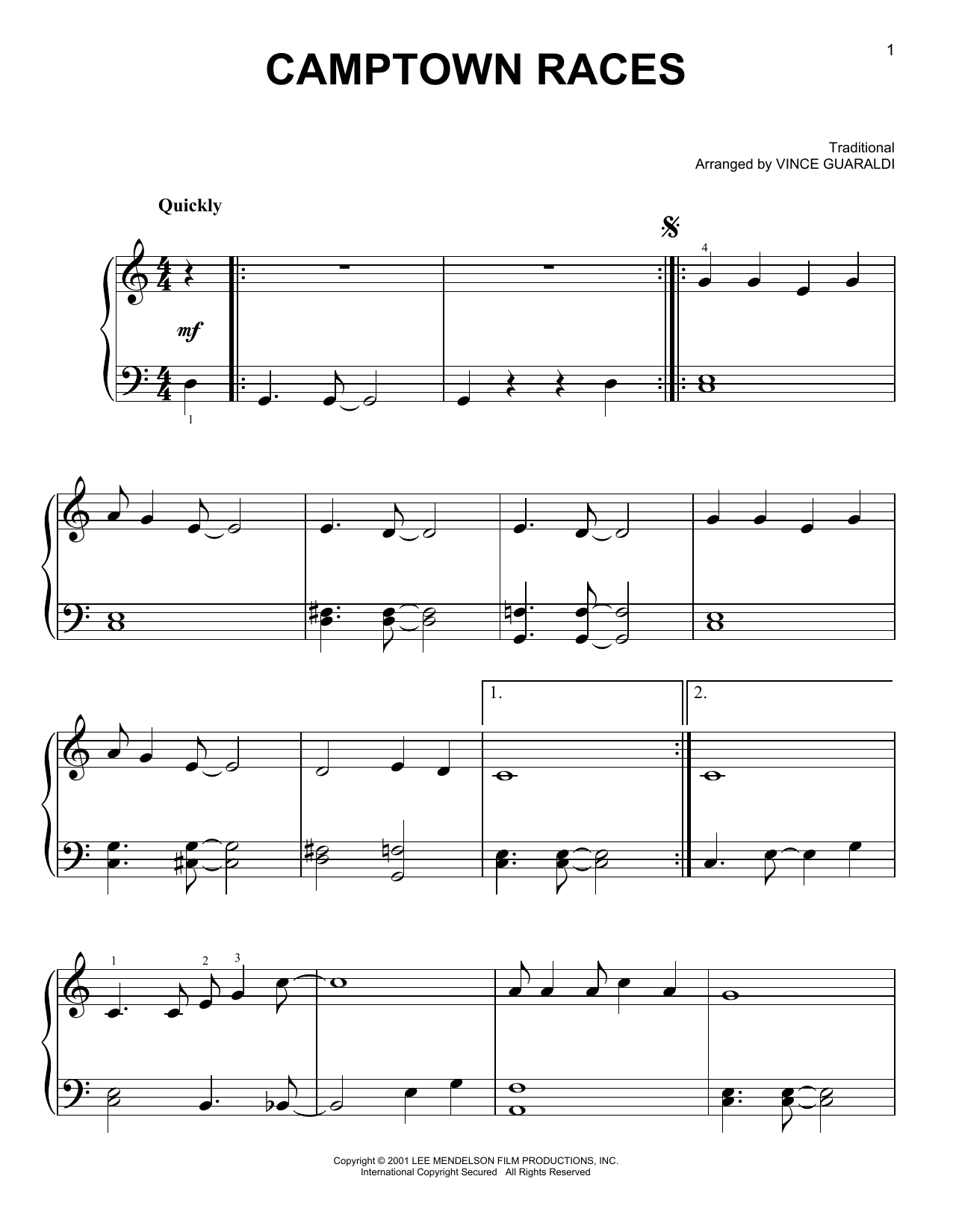 Download Vince Guaraldi Camptown Races Sheet Music and learn how to play Easy Piano PDF digital score in minutes