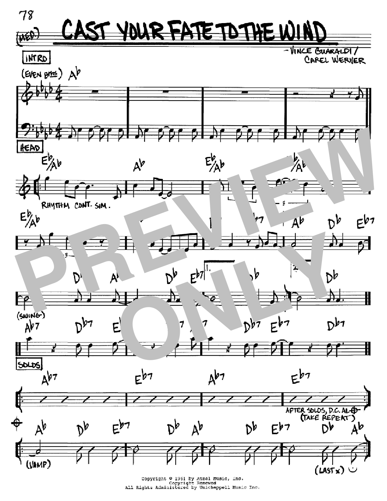 Download Vince Guaraldi Cast Your Fate To The Wind Sheet Music and learn how to play Melody Line, Lyrics & Chords PDF digital score in minutes
