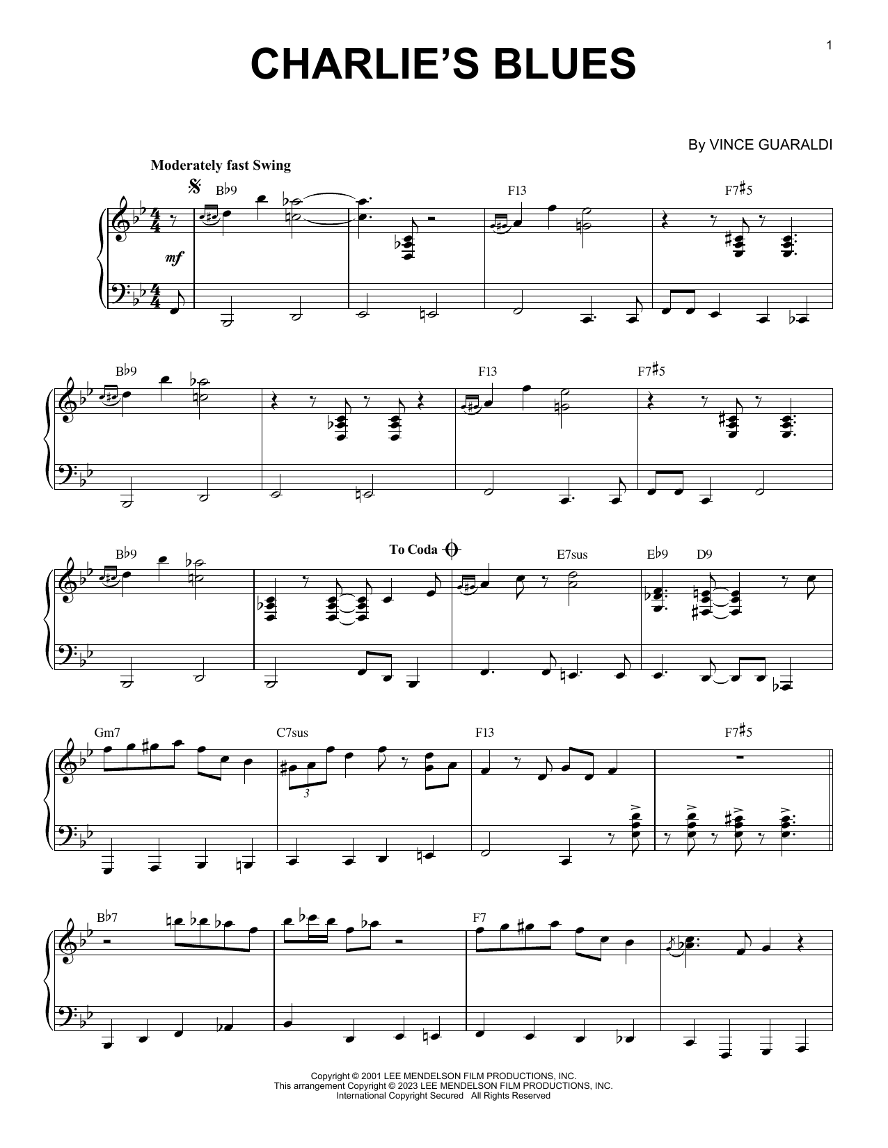 Download Vince Guaraldi Charlie's Blues [Jazz version] (arr. Brent Edstrom) Sheet Music and learn how to play Piano Solo PDF digital score in minutes