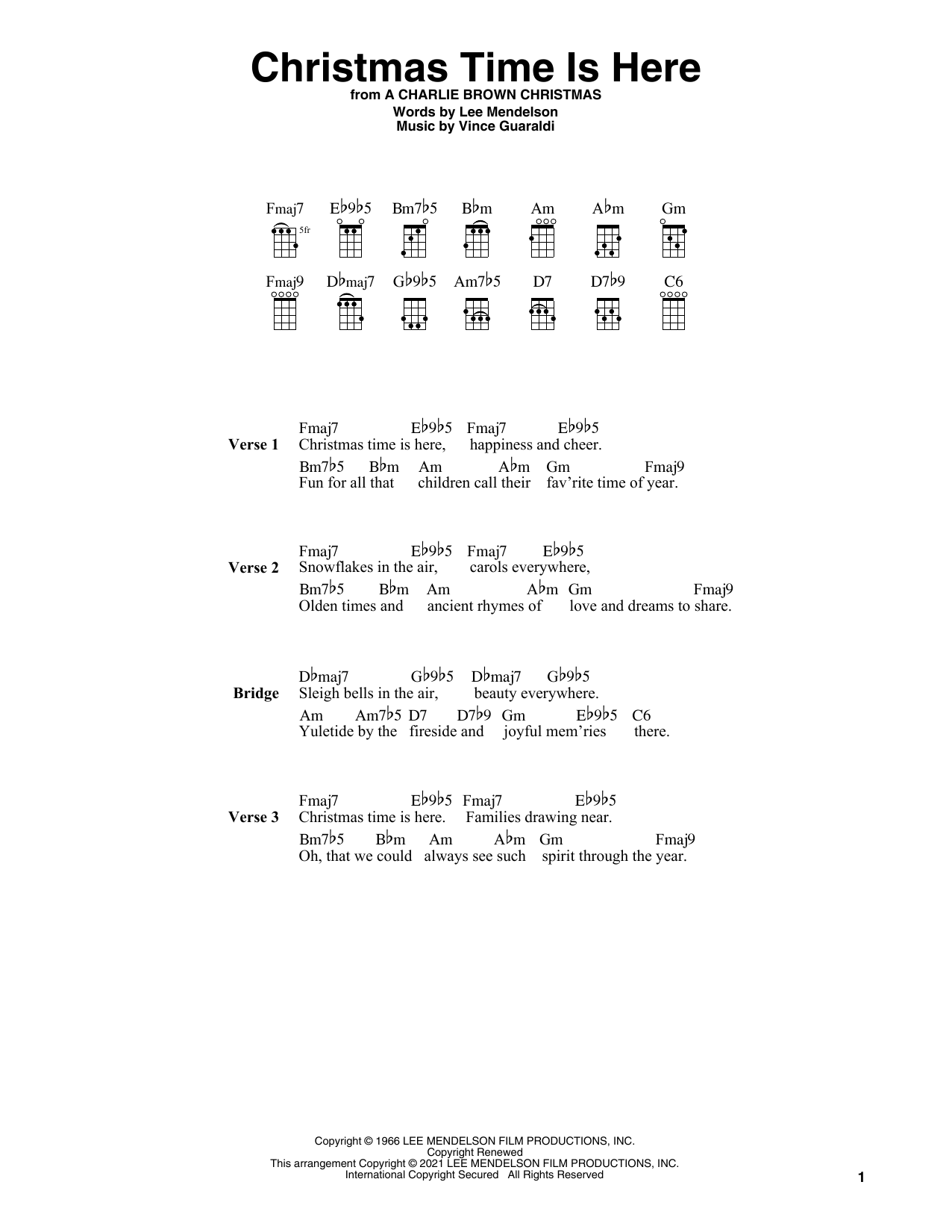 Download Vince Guaraldi Christmas Time Is Here (arr. Fred Sokolow) Sheet Music and learn how to play Ukulele PDF digital score in minutes