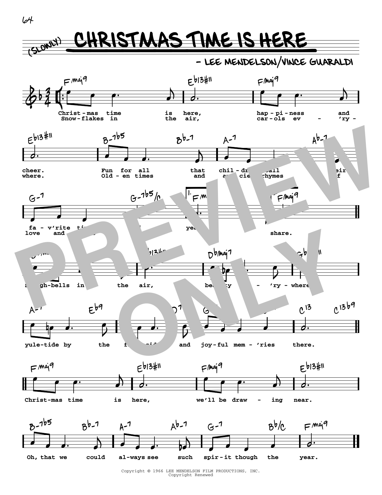 Download Vince Guaraldi Christmas Time Is Here (High Voice) Sheet Music and learn how to play Real Book – Melody, Lyrics & Chords PDF digital score in minutes