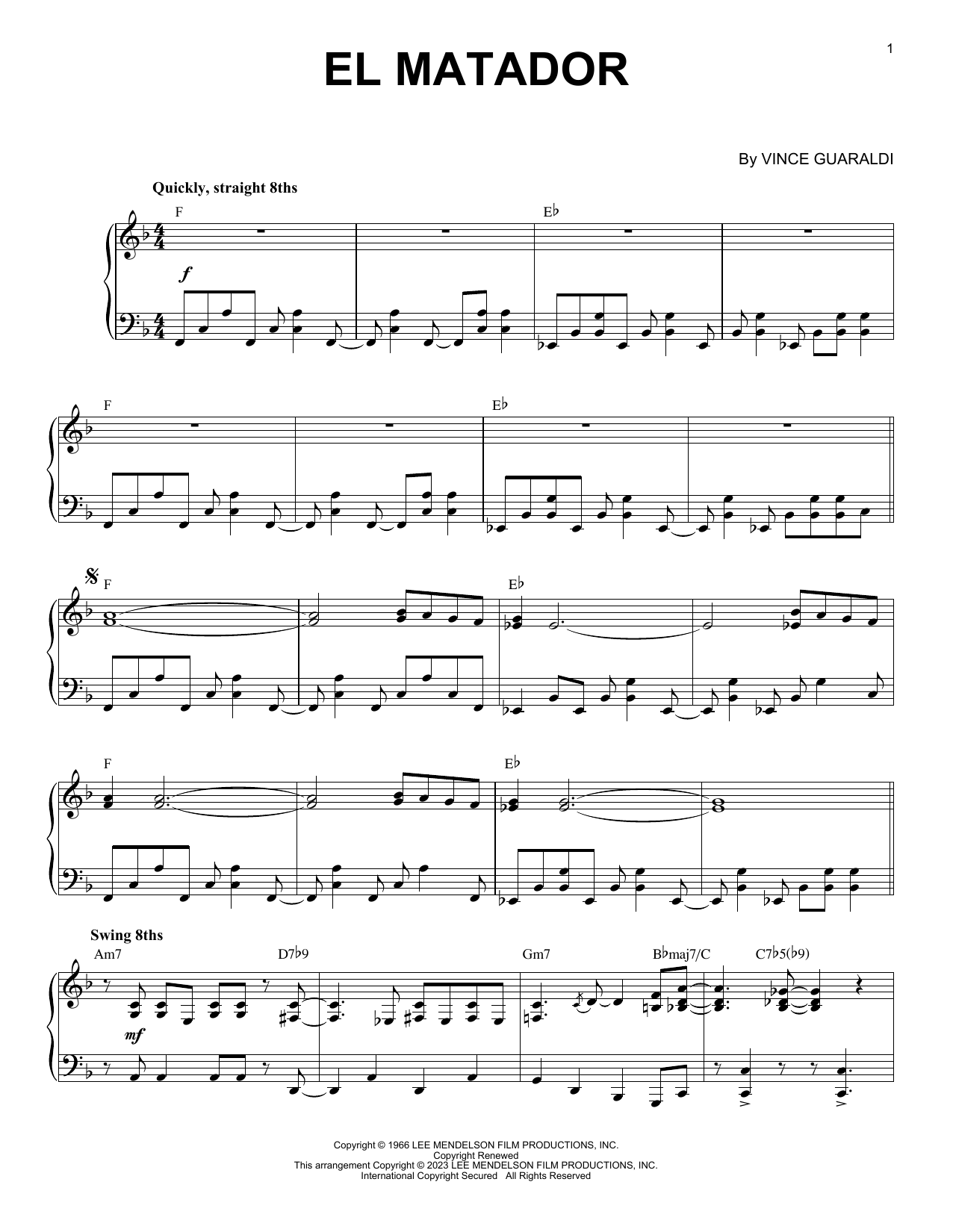 Download Vince Guaraldi El Matador [Jazz version] (arr. Brent Edstrom) Sheet Music and learn how to play Piano Solo PDF digital score in minutes