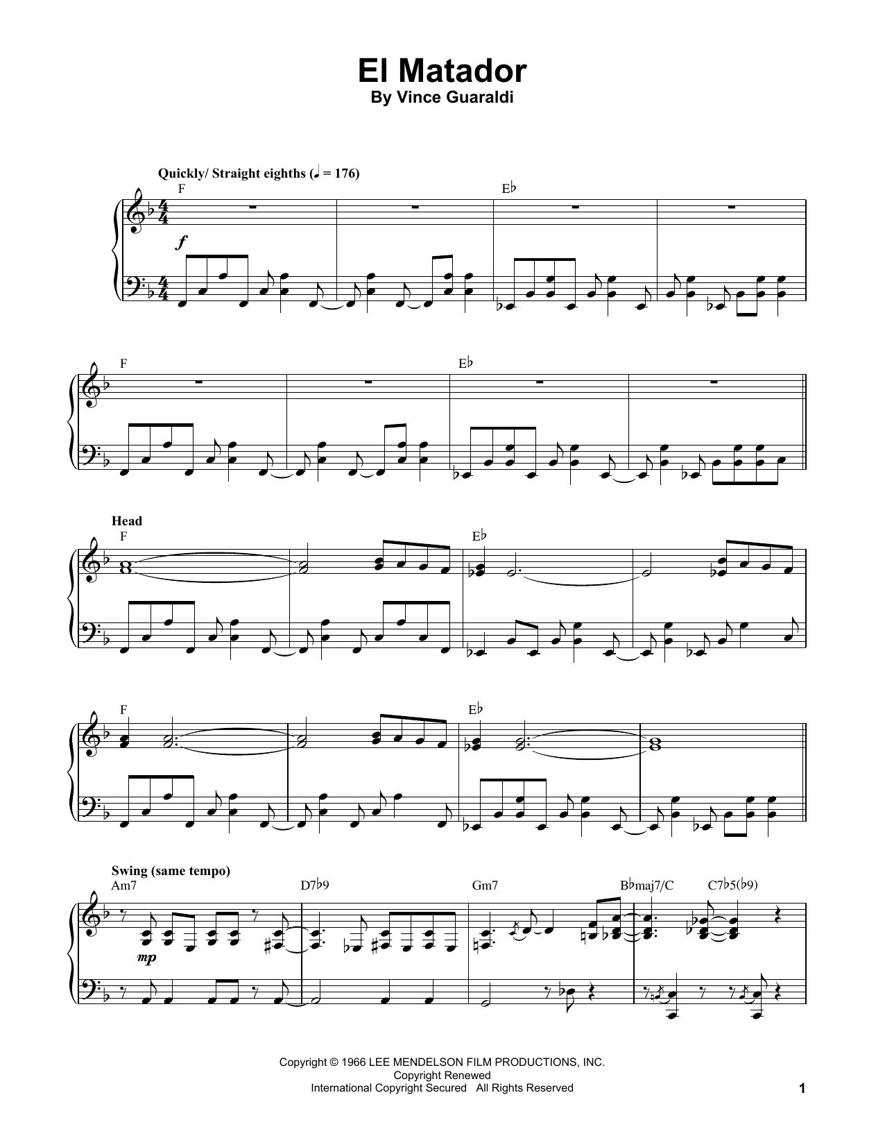 Download Vince Guaraldi El Matador Sheet Music and learn how to play Piano Transcription PDF digital score in minutes