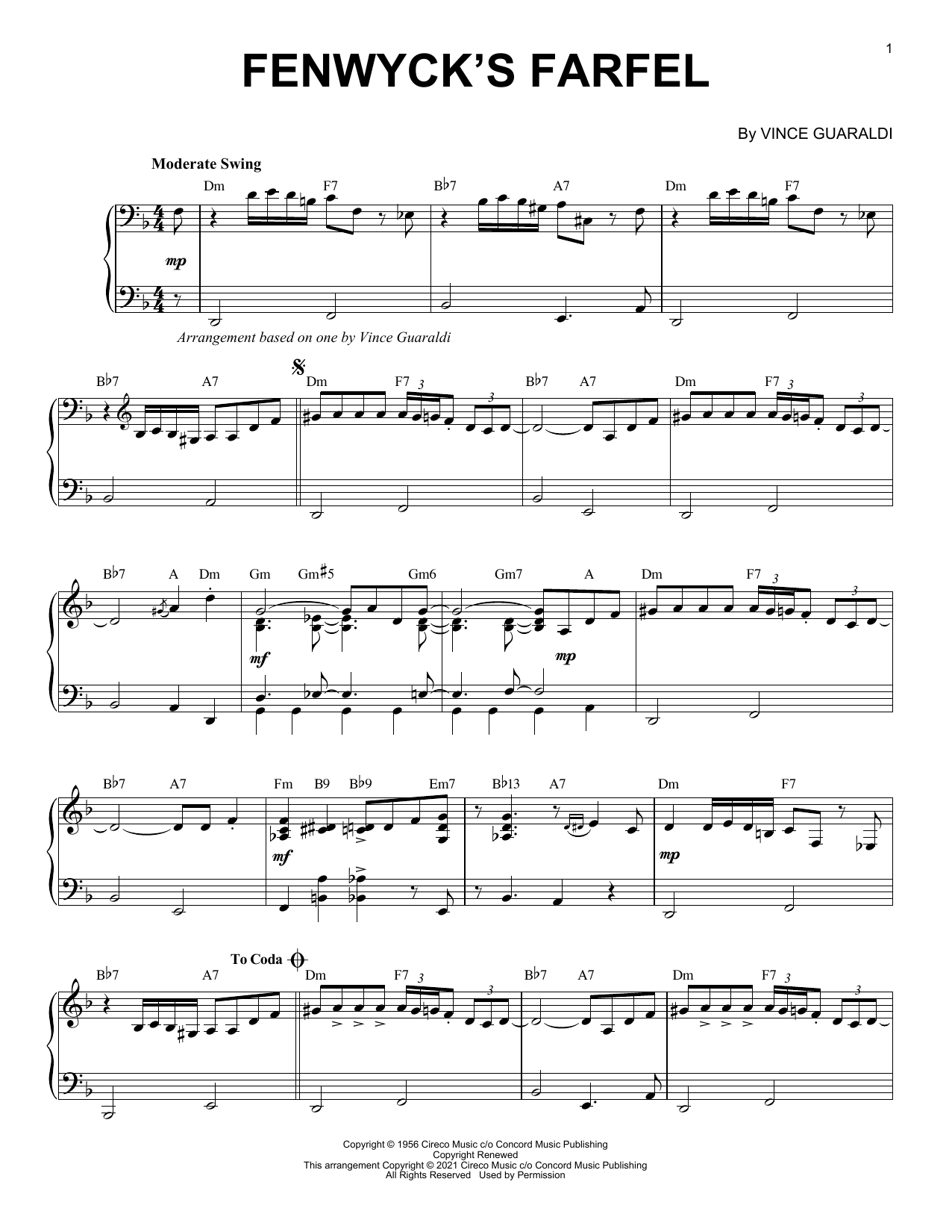 Download Vince Guaraldi Fenwyck's Farfel [Jazz version] (arr. Brent Edstrom) Sheet Music and learn how to play Piano Solo PDF digital score in minutes