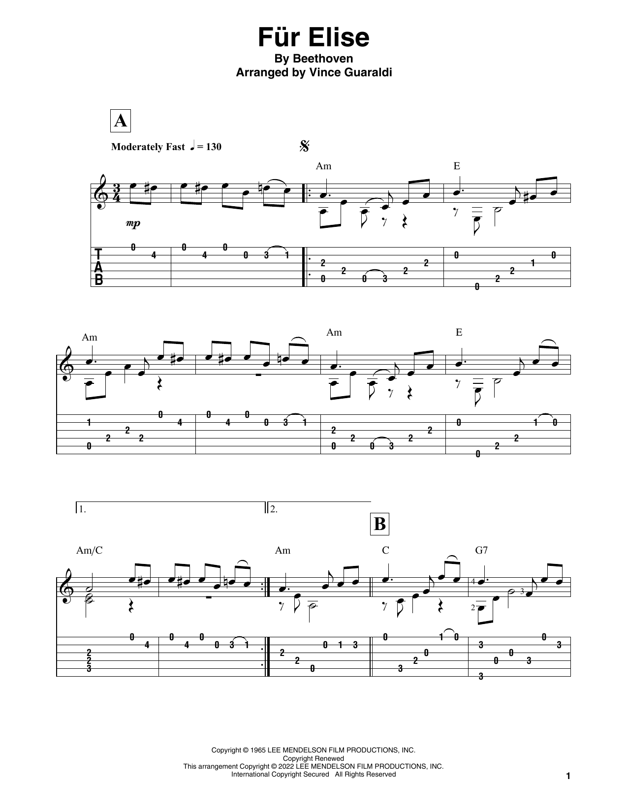Download Vince Guaraldi Fur Elise (from A Charlie Brown Christmas) Sheet Music and learn how to play Solo Guitar PDF digital score in minutes