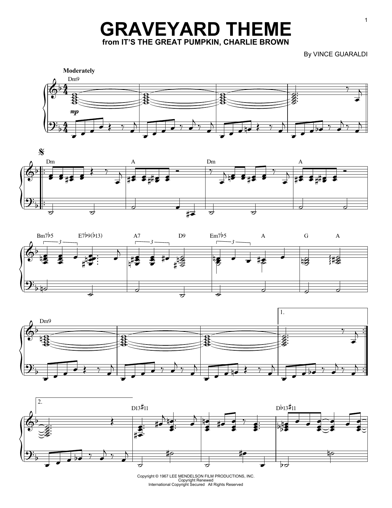 Download Vince Guaraldi Graveyard Theme (from It's The Great Pumpkin, Charlie Brown) Sheet Music and learn how to play Piano Solo PDF digital score in minutes