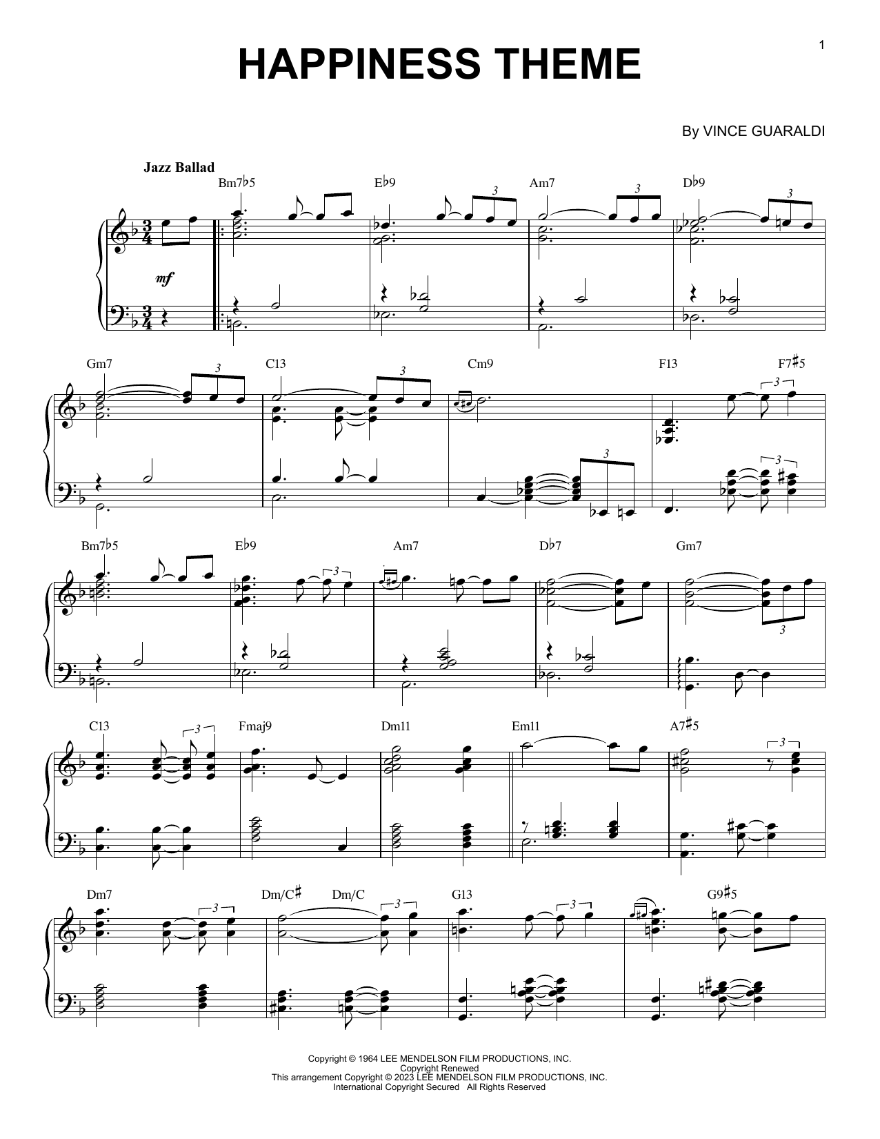 Download Vince Guaraldi Happiness Theme [Jazz version] (arr. Brent Edstrom) Sheet Music and learn how to play Piano Solo PDF digital score in minutes