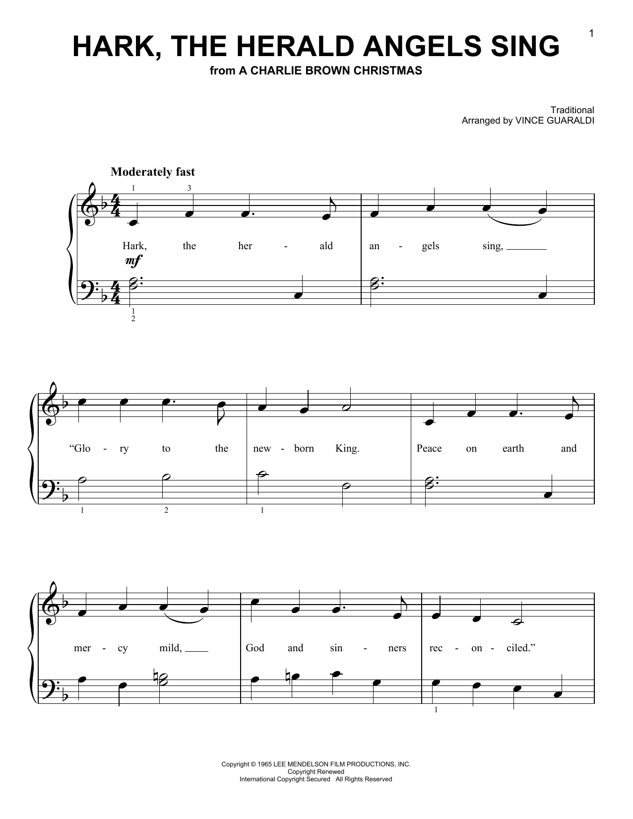 Download Vince Guaraldi Hark, The Herald Angels Sing Sheet Music and learn how to play Easy Piano PDF digital score in minutes