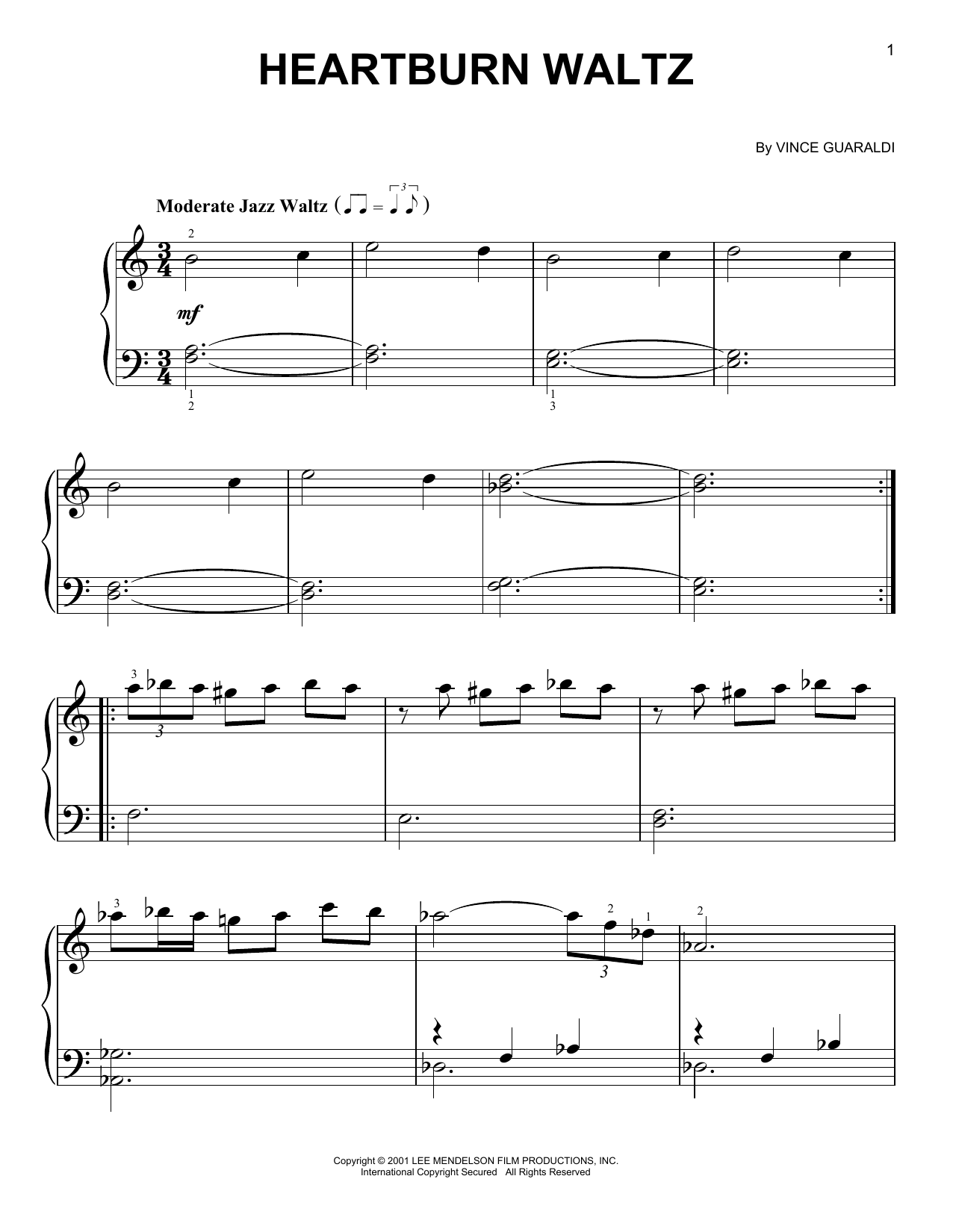 Download Vince Guaraldi Heartburn Waltz Sheet Music and learn how to play Easy Piano PDF digital score in minutes