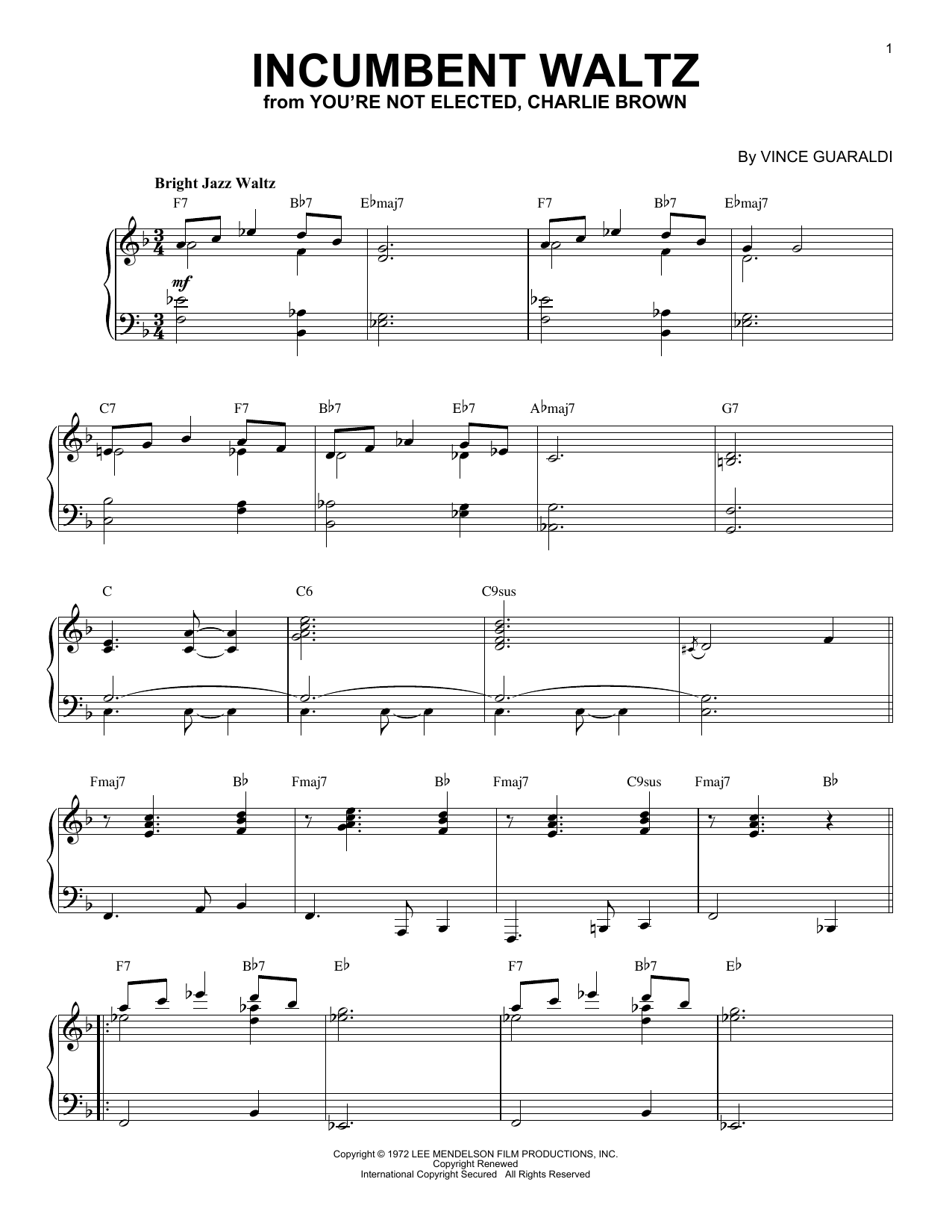 Download Vince Guaraldi Incumbent Waltz (from You're Not Elected, Charlie Brown) Sheet Music and learn how to play Piano Solo PDF digital score in minutes