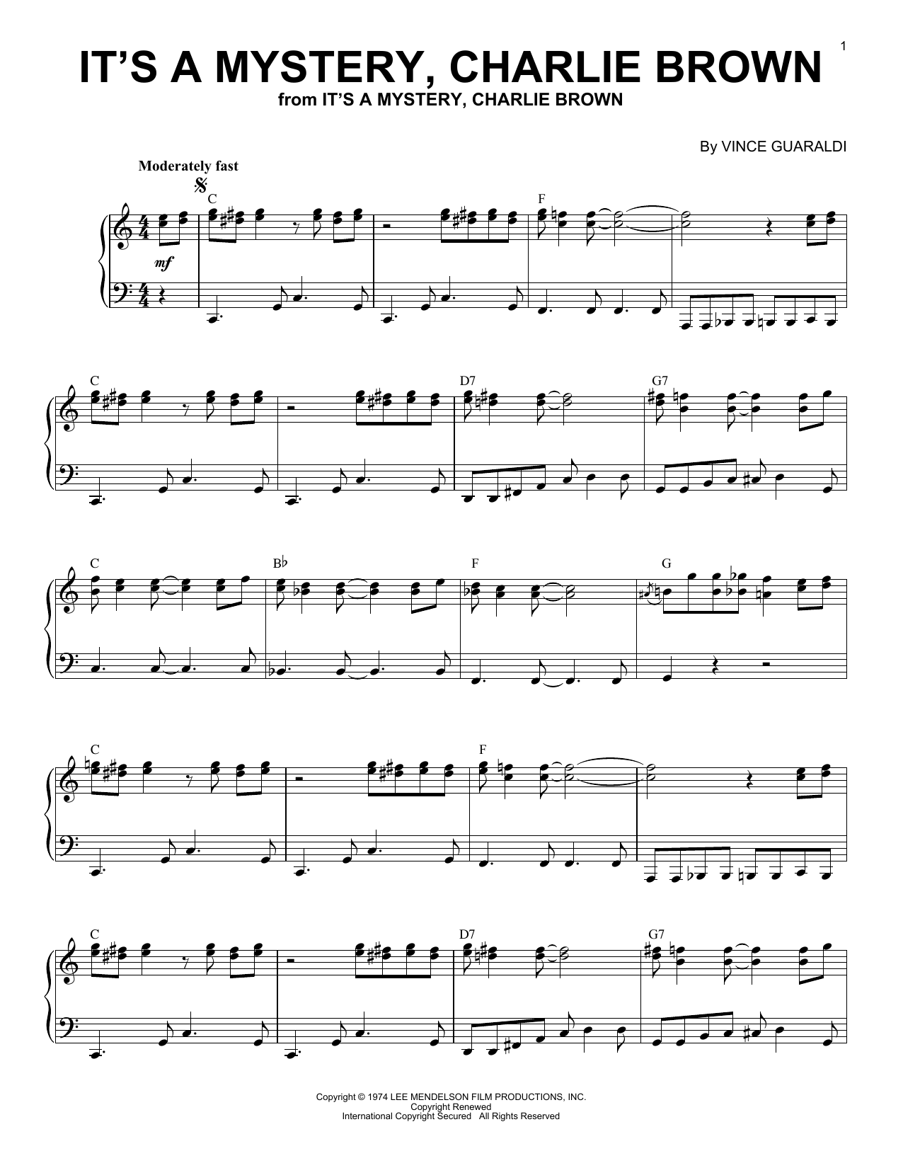 Download Vince Guaraldi It's A Mystery Charlie Brown Sheet Music and learn how to play Piano Solo PDF digital score in minutes