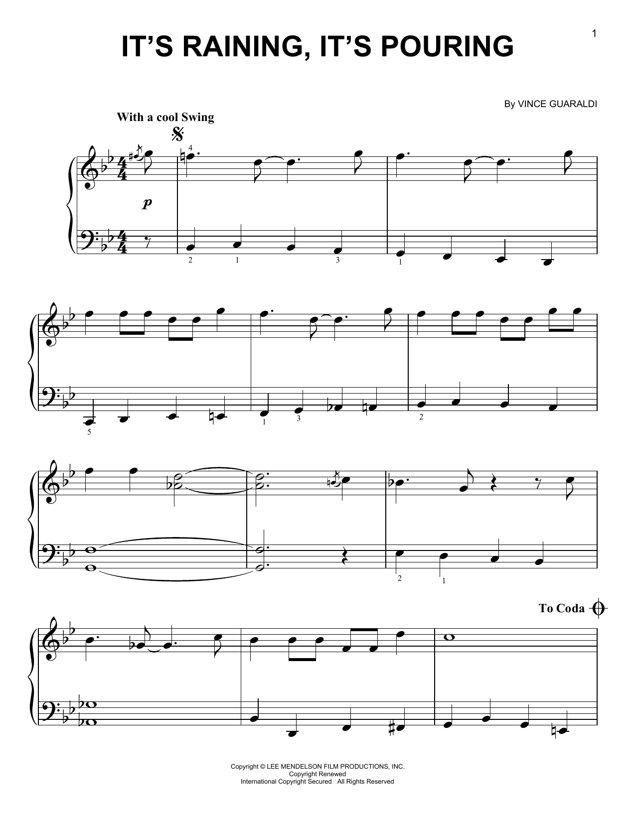 Download Vince Guaraldi It's Raining, It's Pouring Sheet Music and learn how to play Easy Piano PDF digital score in minutes