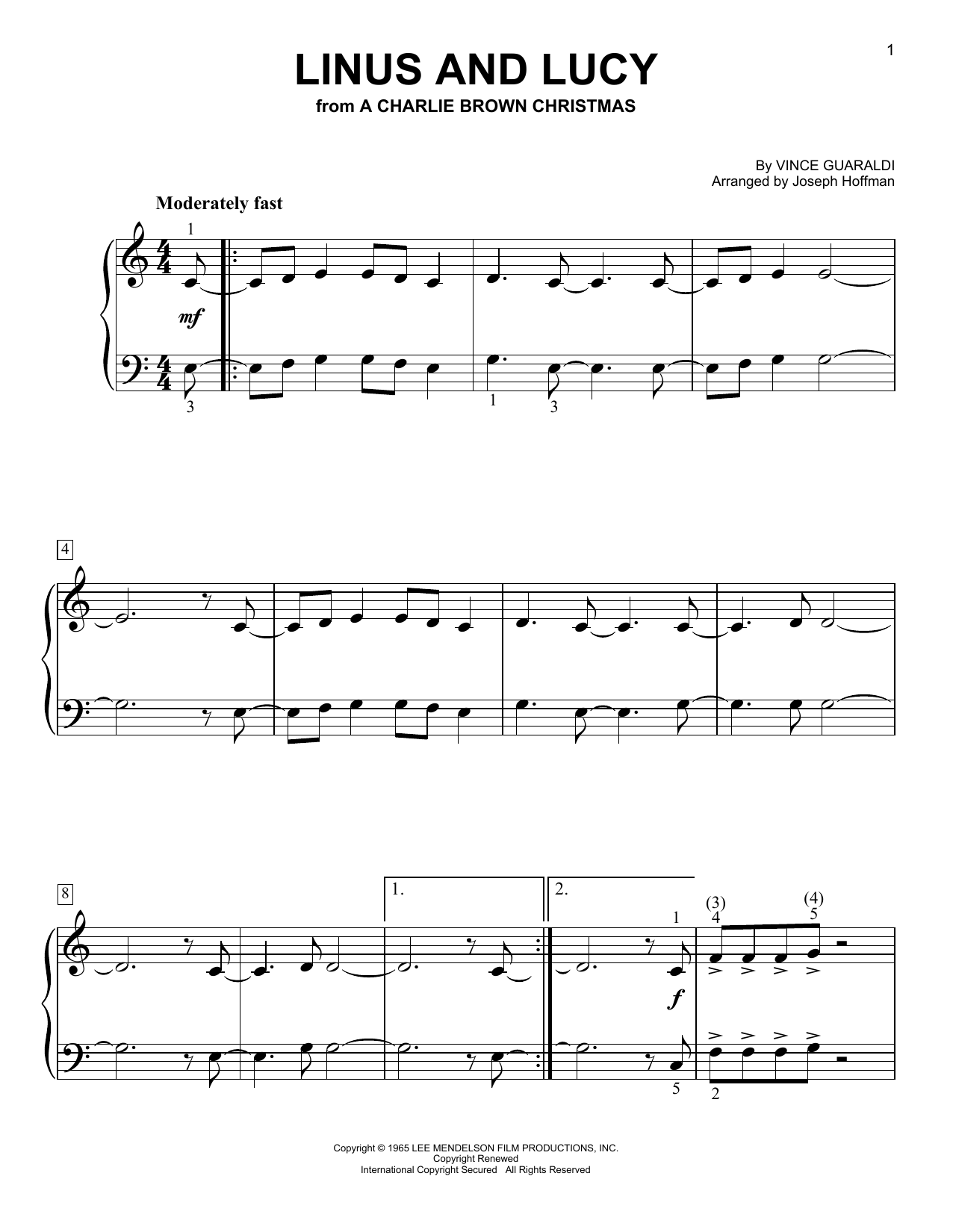 Download Vince Guaraldi Linus And Lucy (arr. Joseph Hoffman) Sheet Music and learn how to play Easy Piano PDF digital score in minutes