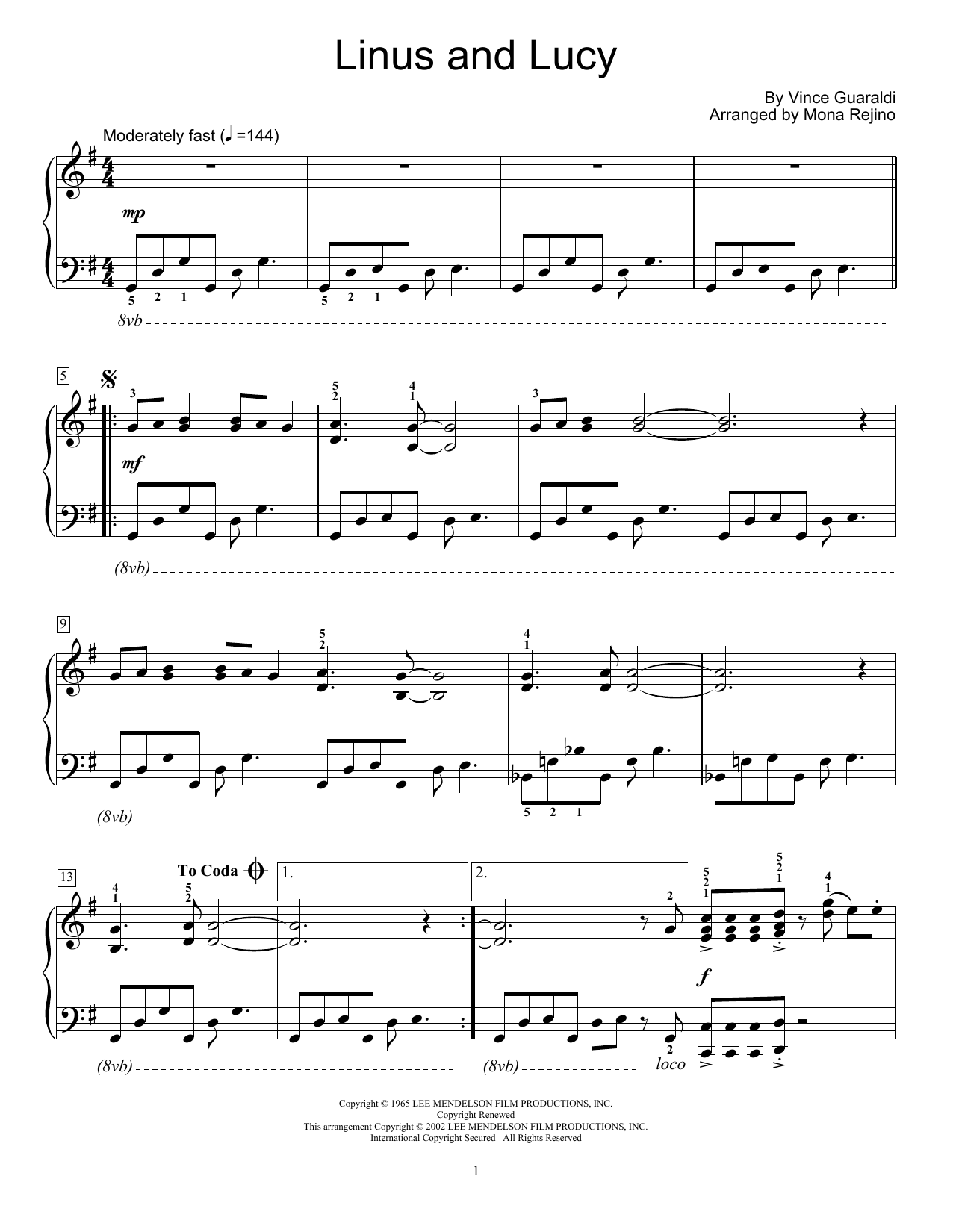 Download Vince Guaraldi Linus And Lucy (arr. Mona Rejino) Sheet Music and learn how to play Educational Piano PDF digital score in minutes