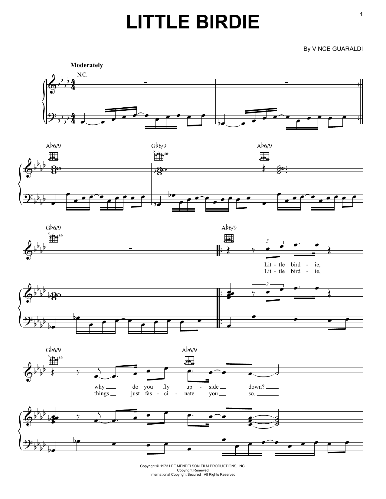 Download Vince Guaraldi Little Birdie Sheet Music and learn how to play Piano, Vocal & Guitar (Right-Hand Melody) PDF digital score in minutes