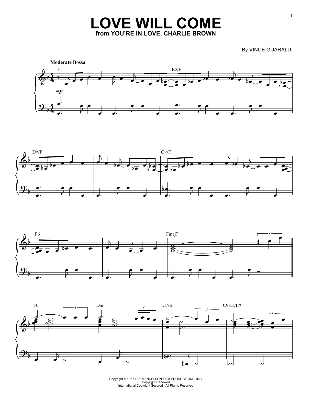 Download Vince Guaraldi Love Will Come (from You're In Love, Charlie Brown) Sheet Music and learn how to play Piano Solo PDF digital score in minutes