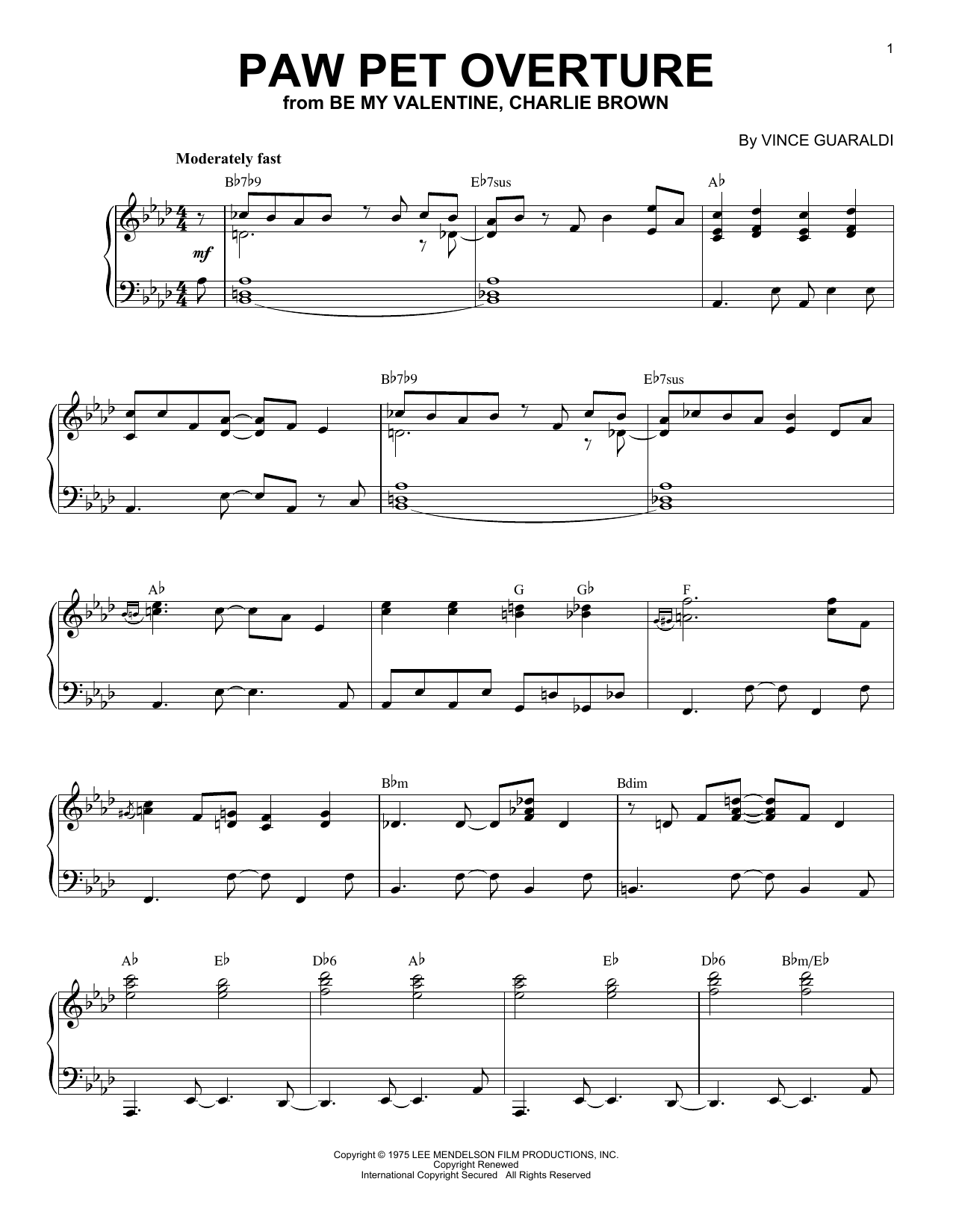 Download Vince Guaraldi Paw Pet Overture Sheet Music and learn how to play Piano Solo PDF digital score in minutes