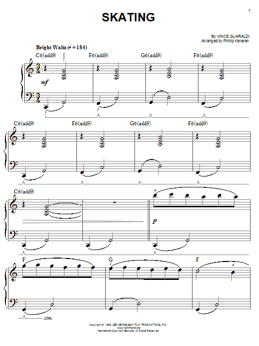 Download Vince Guaraldi Skating (from A Charlie Brown Christmas) Sheet Music and learn how to play Easy Piano PDF digital score in minutes