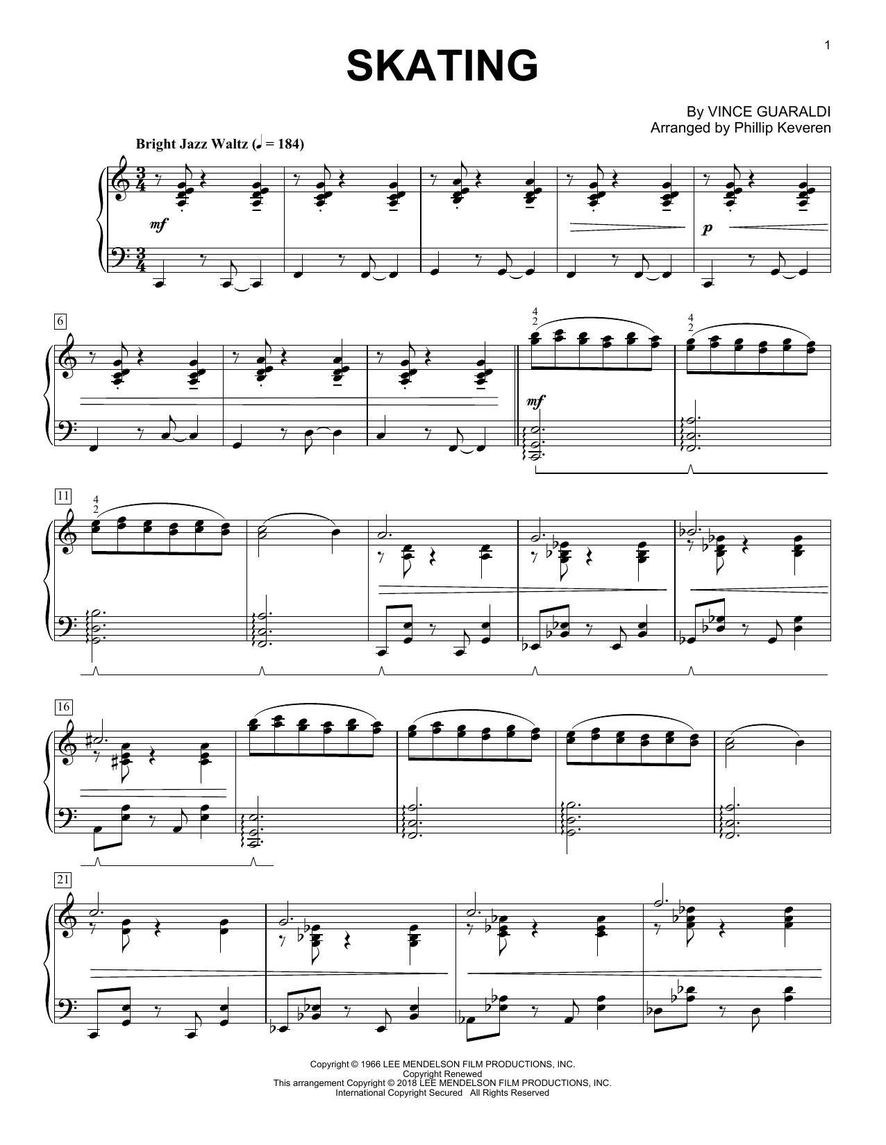 Download Vince Guaraldi Skating (from A Charlie Brown Christmas) (arr. Phillip Keveren) Sheet Music and learn how to play Big Note Piano PDF digital score in minutes