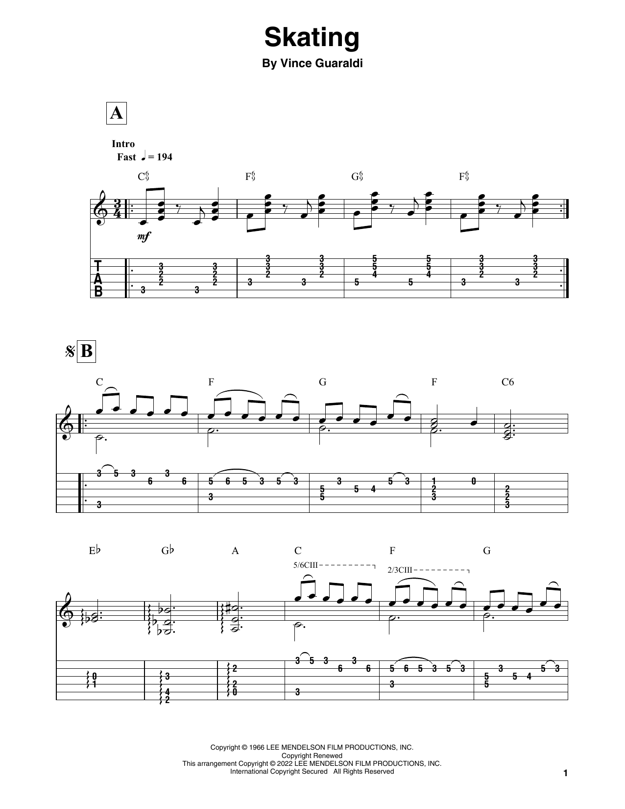 Download Vince Guaraldi Skating (from A Charlie Brown Christmas) Sheet Music and learn how to play Solo Guitar PDF digital score in minutes