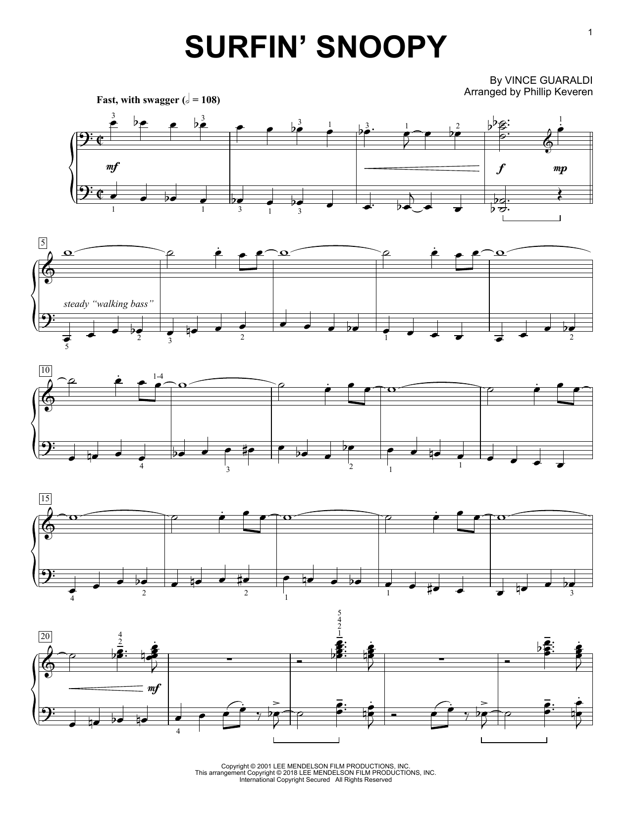 Download Vince Guaraldi Surfin' Snoopy (arr. Phillip Keveren) Sheet Music and learn how to play Piano Solo PDF digital score in minutes