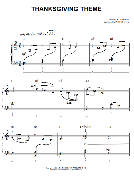 Download Vince Guaraldi Thanksgiving Theme Sheet Music and learn how to play Easy Piano PDF digital score in minutes