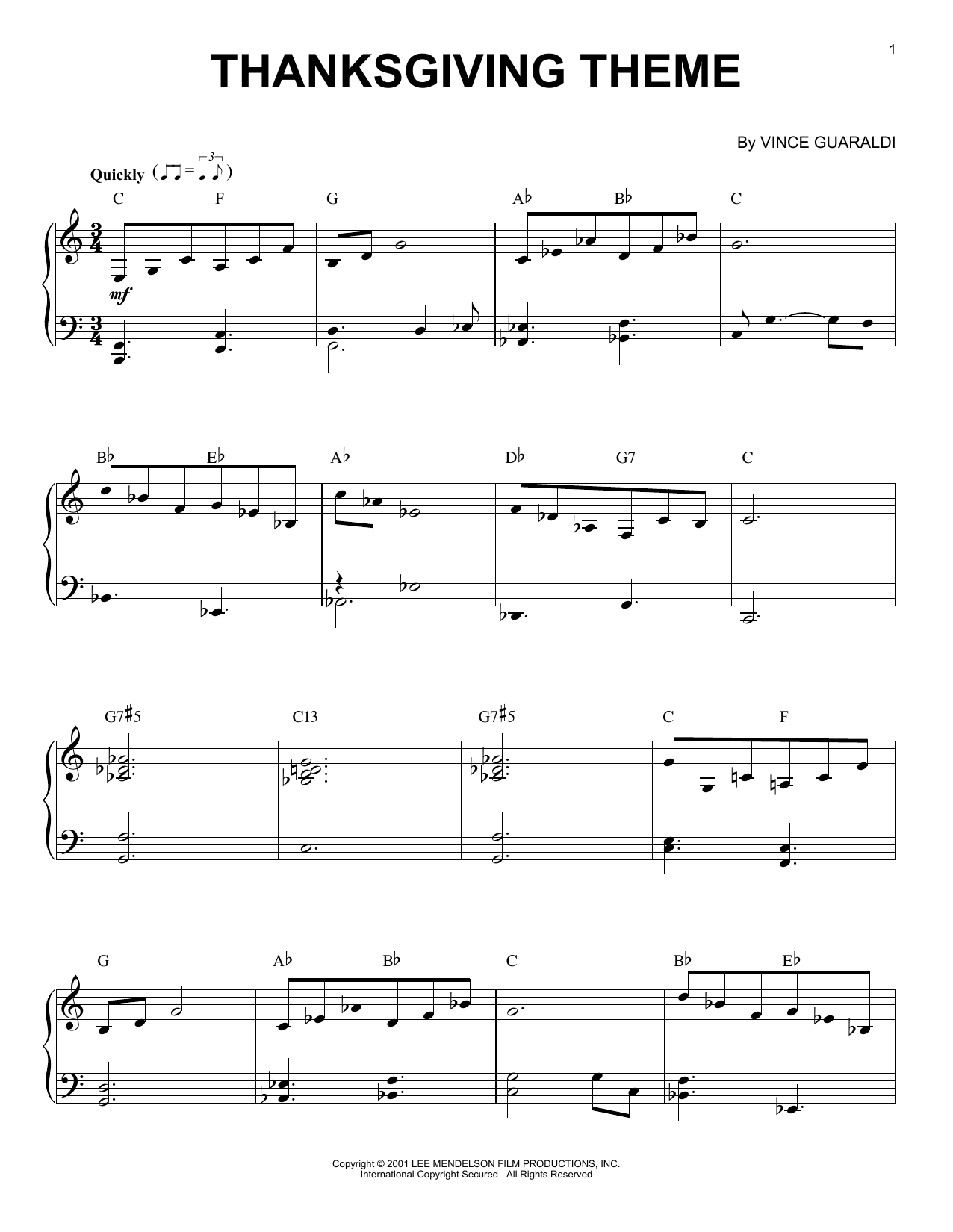 Download Vince Guaraldi Thanksgiving Theme Sheet Music and learn how to play Piano Transcription PDF digital score in minutes
