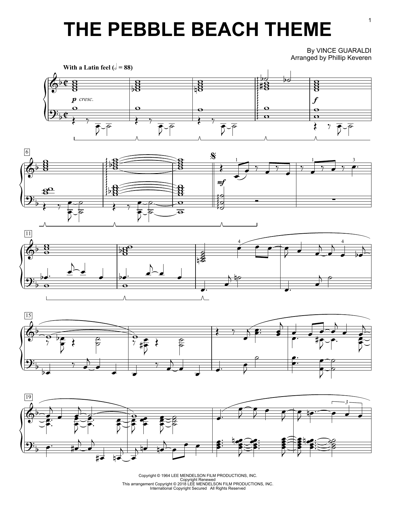 Download Vince Guaraldi The Pebble Beach Theme (arr. Phillip Keveren) Sheet Music and learn how to play Piano Solo PDF digital score in minutes