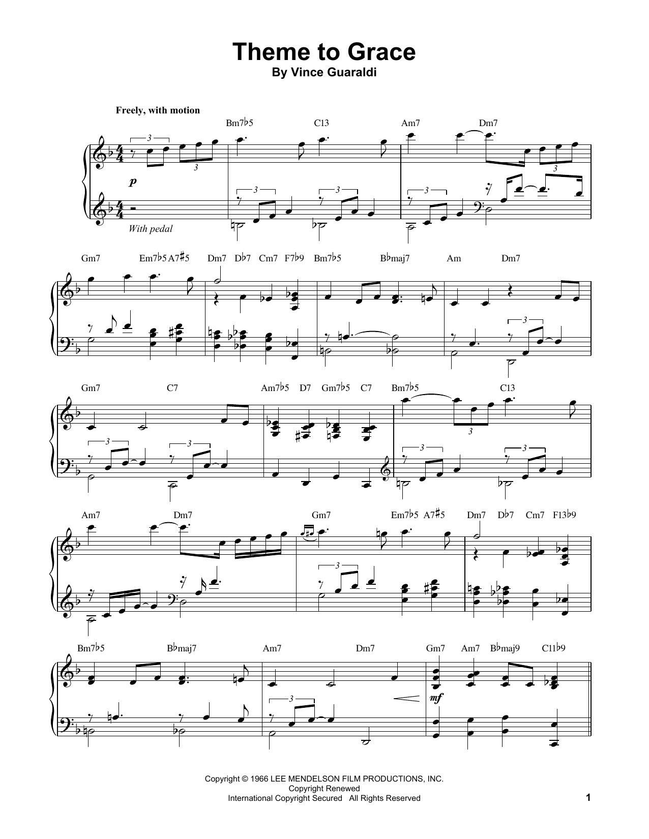 Download Vince Guaraldi Theme To Grace Sheet Music and learn how to play Piano Transcription PDF digital score in minutes