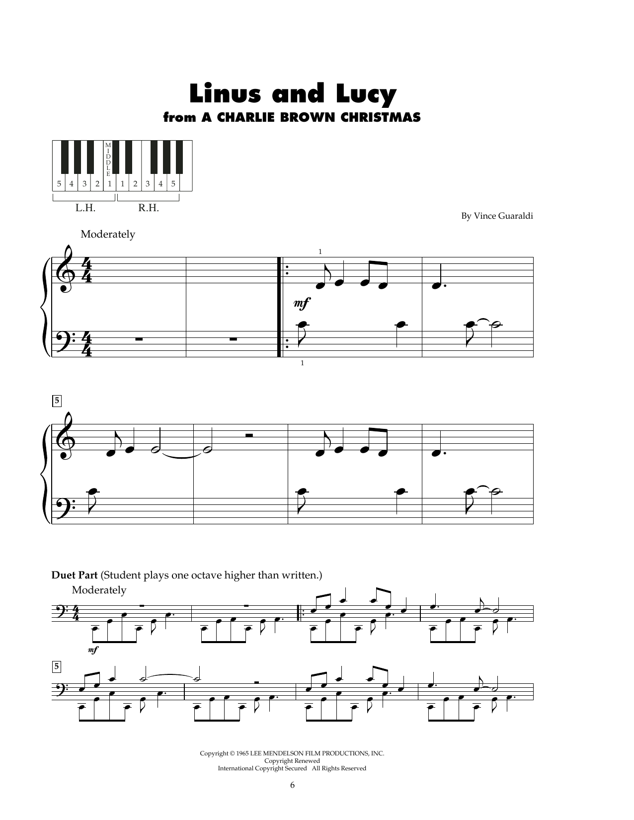 Download Vince Guaraldi Trio Linus And Lucy Sheet Music and learn how to play 5-Finger Piano PDF digital score in minutes