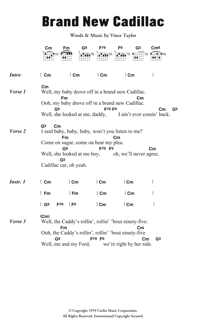 Download Vince Taylor & His Playboys Brand New Cadillac Sheet Music and learn how to play Lyrics & Chords PDF digital score in minutes