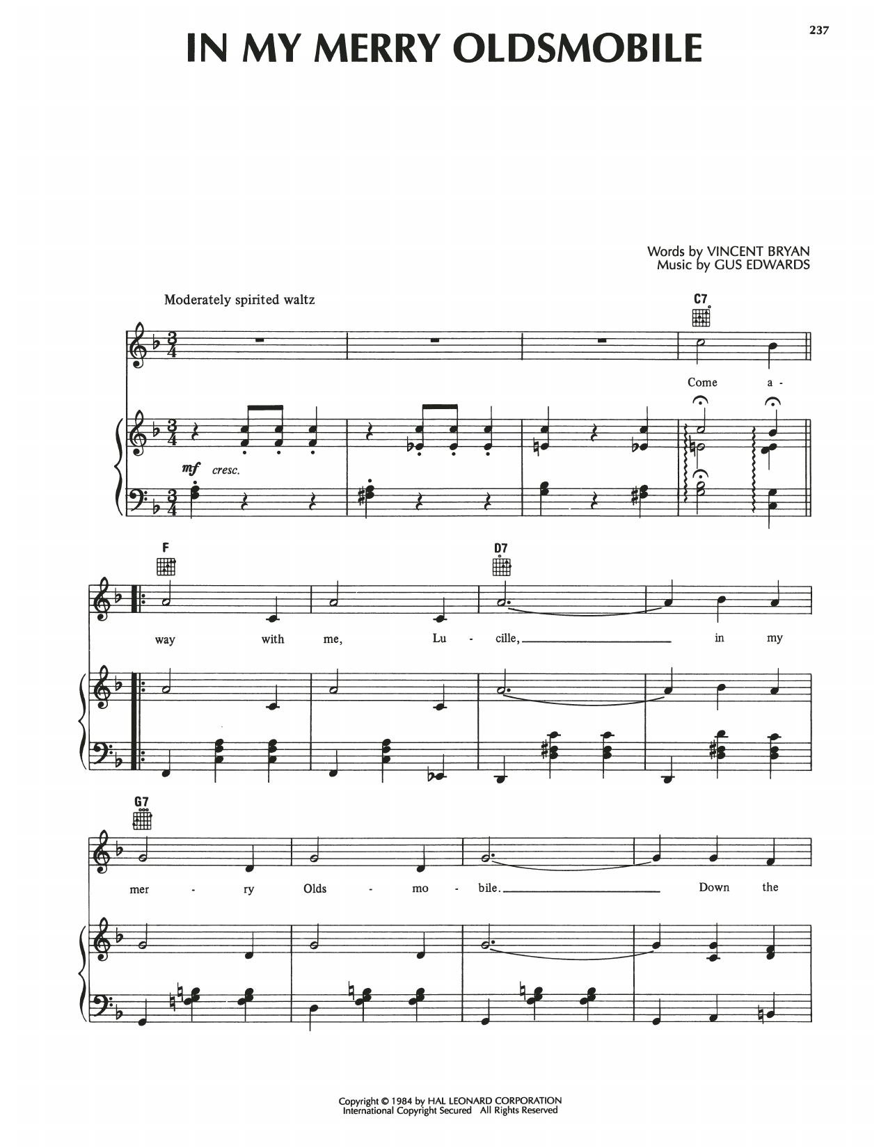 Download Vincent Bryan In My Merry Oldsmobile Sheet Music and learn how to play Piano, Vocal & Guitar Chords (Right-Hand Melody) PDF digital score in minutes