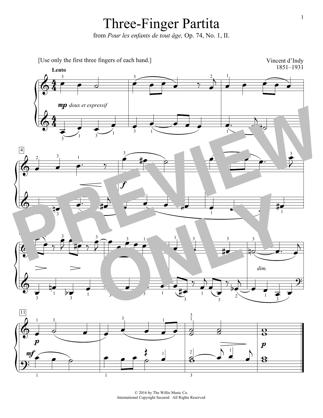 Download Vincent d'Indy Three-Finger Partita Sheet Music and learn how to play Educational Piano PDF digital score in minutes