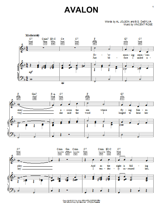 Download Vincent Rose Avalon Sheet Music and learn how to play Piano, Vocal & Guitar (Right-Hand Melody) PDF digital score in minutes