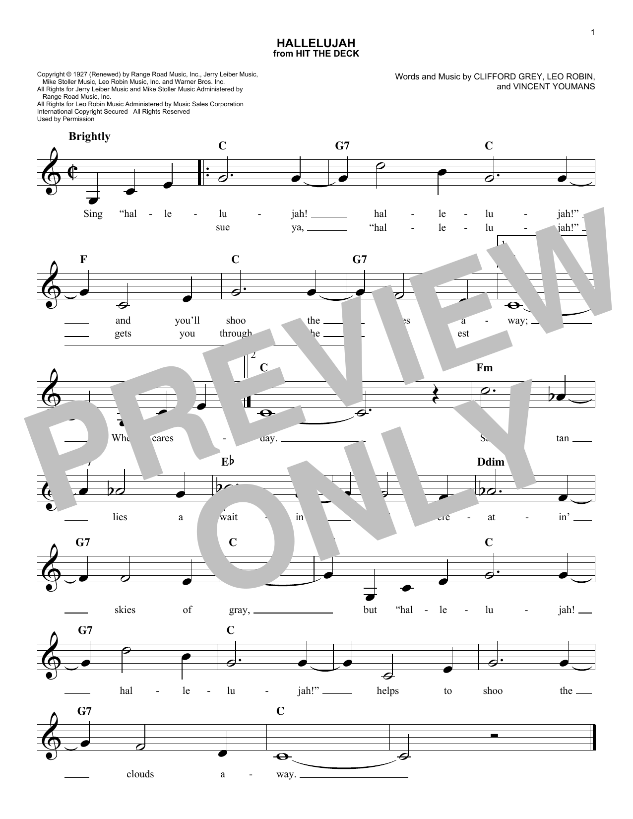 Download Vincent Youmans Hallelujah Sheet Music and learn how to play Melody Line, Lyrics & Chords PDF digital score in minutes