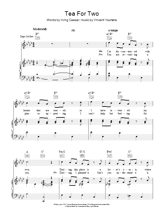 Download Vincent Youmans Tea For Two Sheet Music and learn how to play Piano, Vocal & Guitar (Right-Hand Melody) PDF digital score in minutes