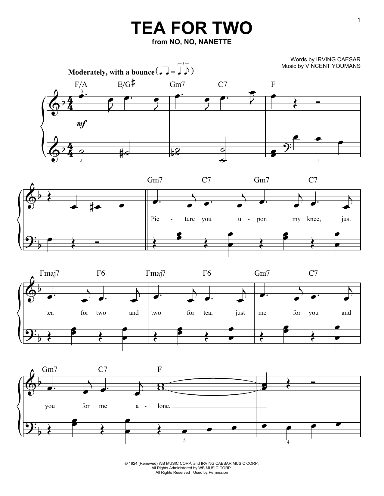 Download Vincent Youmans Tea For Two Sheet Music and learn how to play Easy Piano PDF digital score in minutes