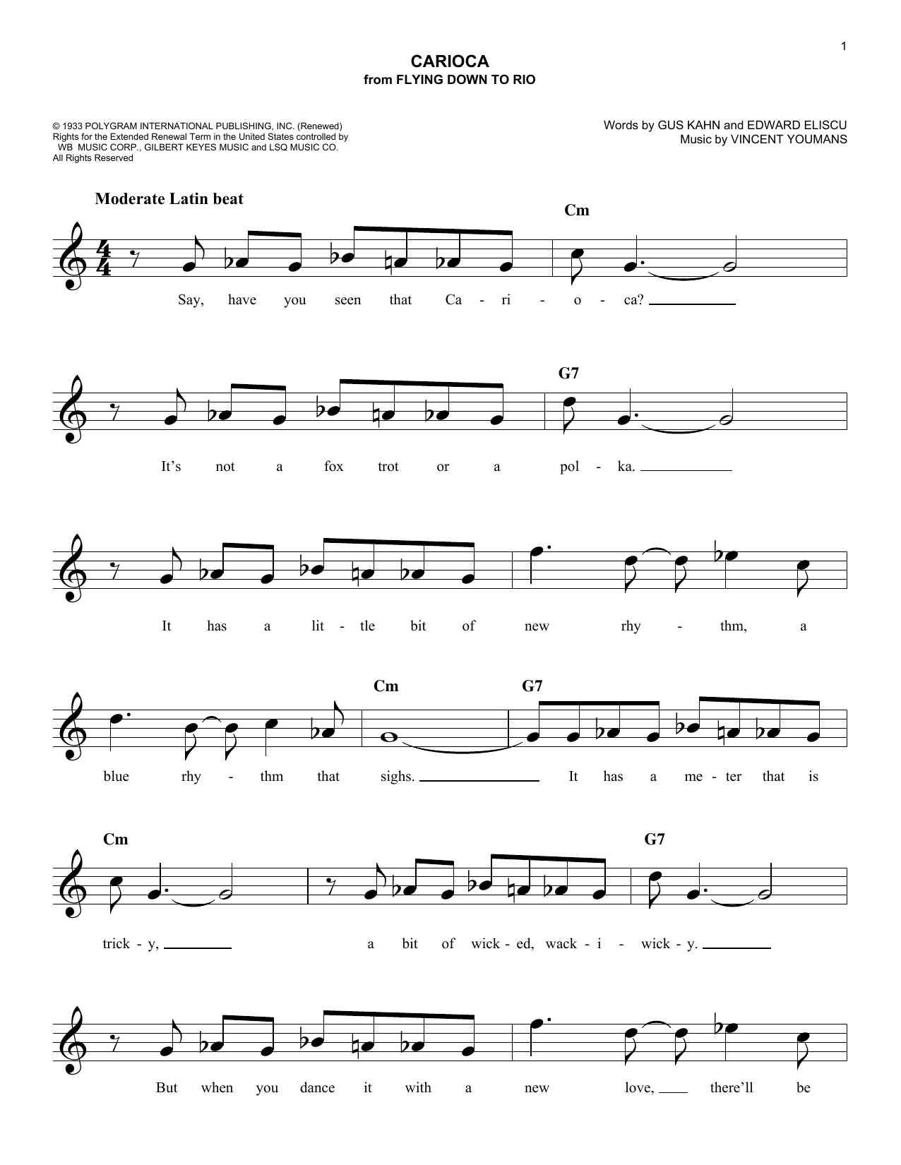 Download Vincent Youmans The Carioca Sheet Music and learn how to play Melody Line, Lyrics & Chords PDF digital score in minutes