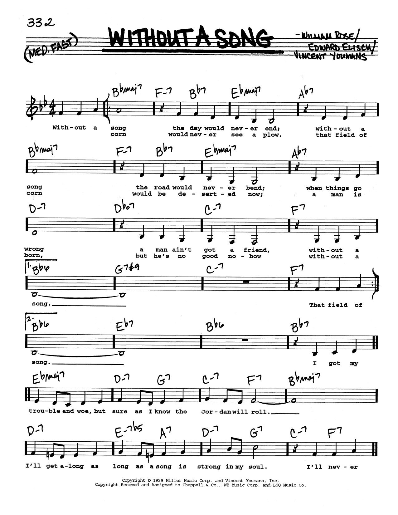 Download Vincent Youmans Without A Song (Low Voice) Sheet Music and learn how to play Real Book – Melody, Lyrics & Chords PDF digital score in minutes
