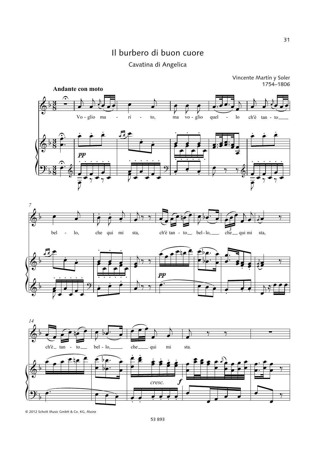 Download Vincente Martin Y Soler Voglio Marito Sheet Music and learn how to play Piano & Vocal PDF digital score in minutes