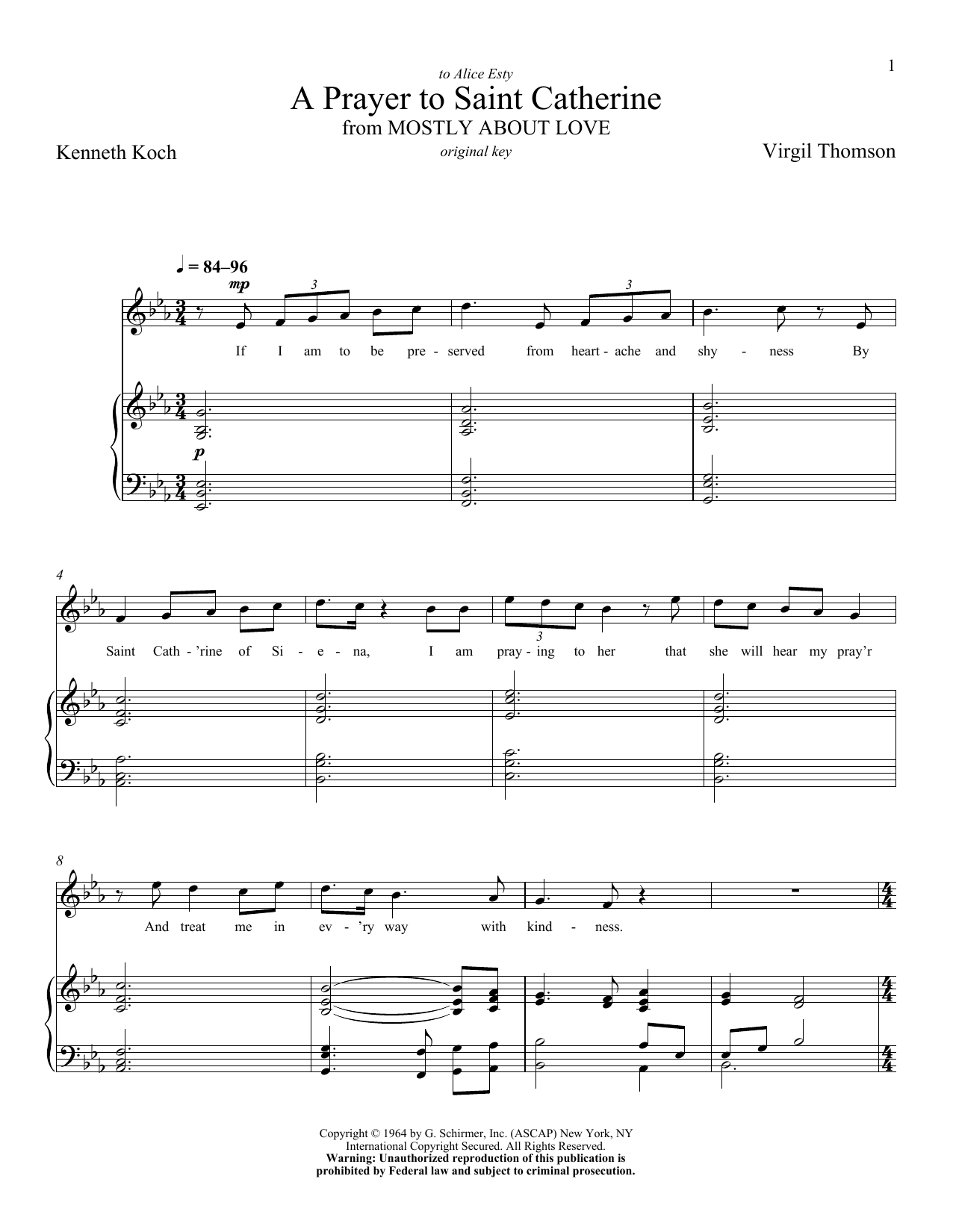 Download Virgil Thomson A Prayer To Saint Catherine Sheet Music and learn how to play Piano & Vocal PDF digital score in minutes