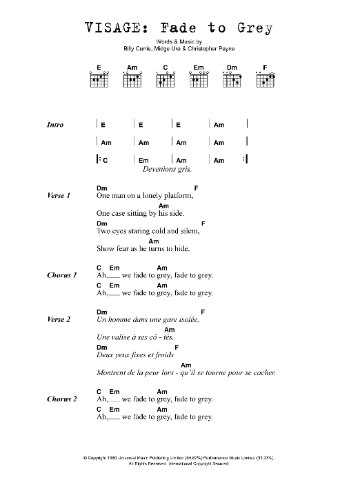 Download Visage Fade To Grey Sheet Music and learn how to play Lyrics & Chords PDF digital score in minutes