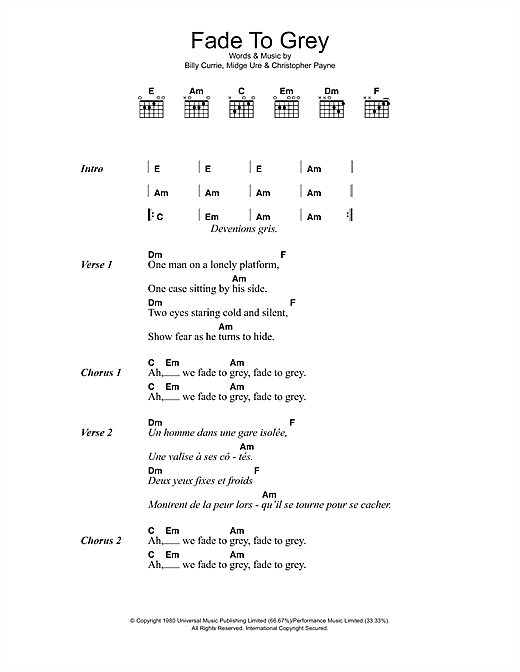 Download Visage Fade To Grey Sheet Music and learn how to play Lyrics & Chords PDF digital score in minutes