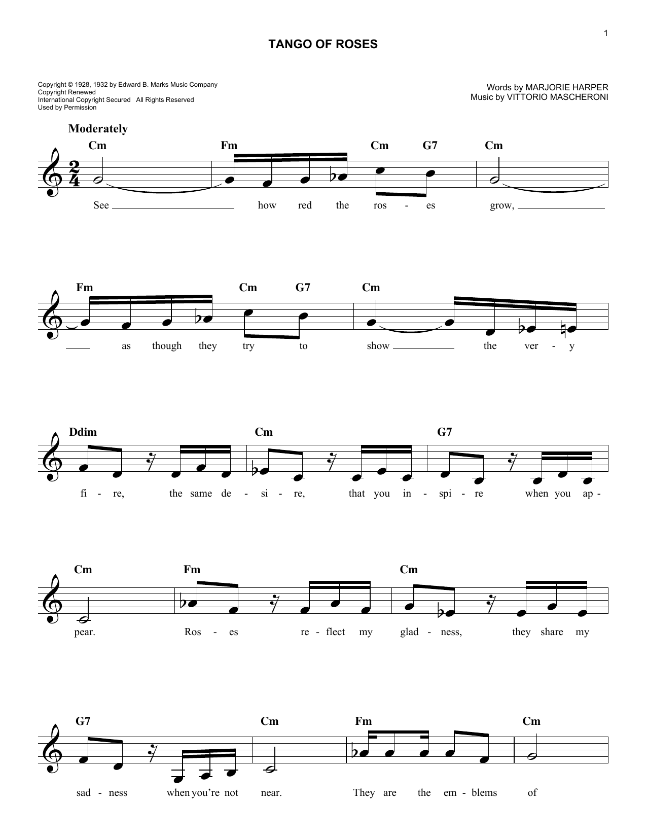 Download Vittorio Mascheroni Tango Of Roses Sheet Music and learn how to play Melody Line, Lyrics & Chords PDF digital score in minutes