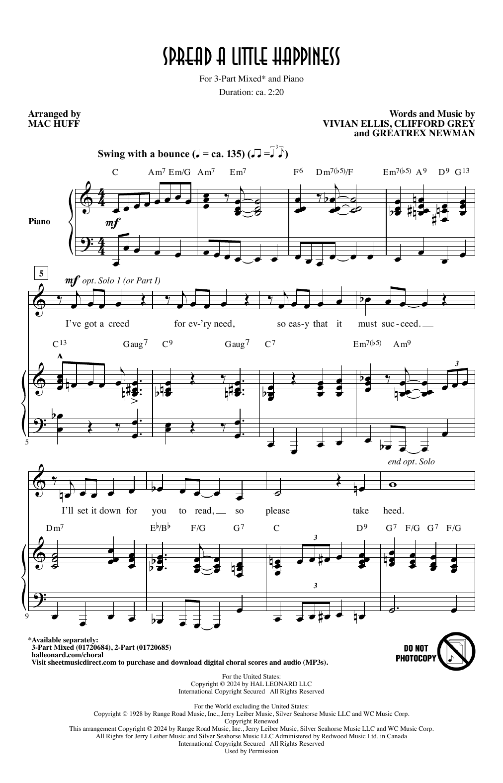 Download Vivian Ellis, Greatrex Newman, and Clifford Grey Spread A Little Happiness (arr. Mac Huff) Sheet Music and learn how to play 3-Part Mixed Choir PDF digital score in minutes