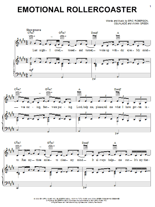 Download Vivian Green Emotional Rollercoaster Sheet Music and learn how to play Piano, Vocal & Guitar (Right-Hand Melody) PDF digital score in minutes