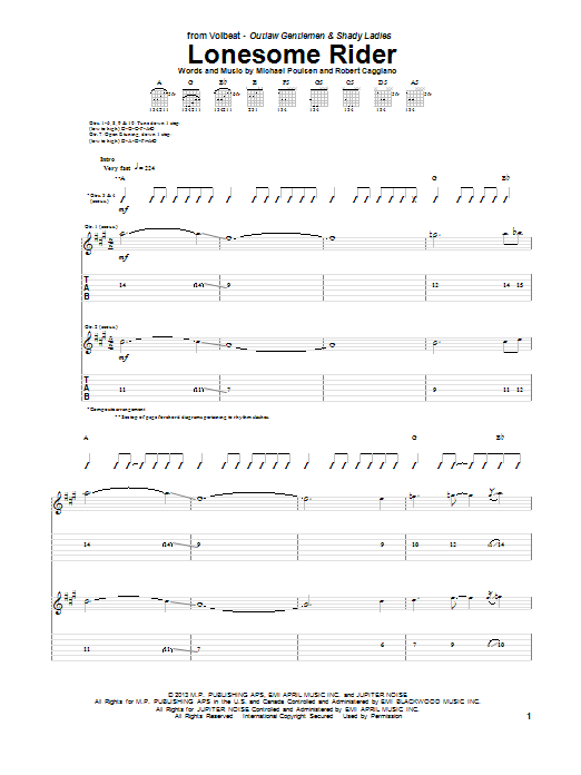 Download Volbeat Lonesome Rider Sheet Music and learn how to play Guitar Tab PDF digital score in minutes