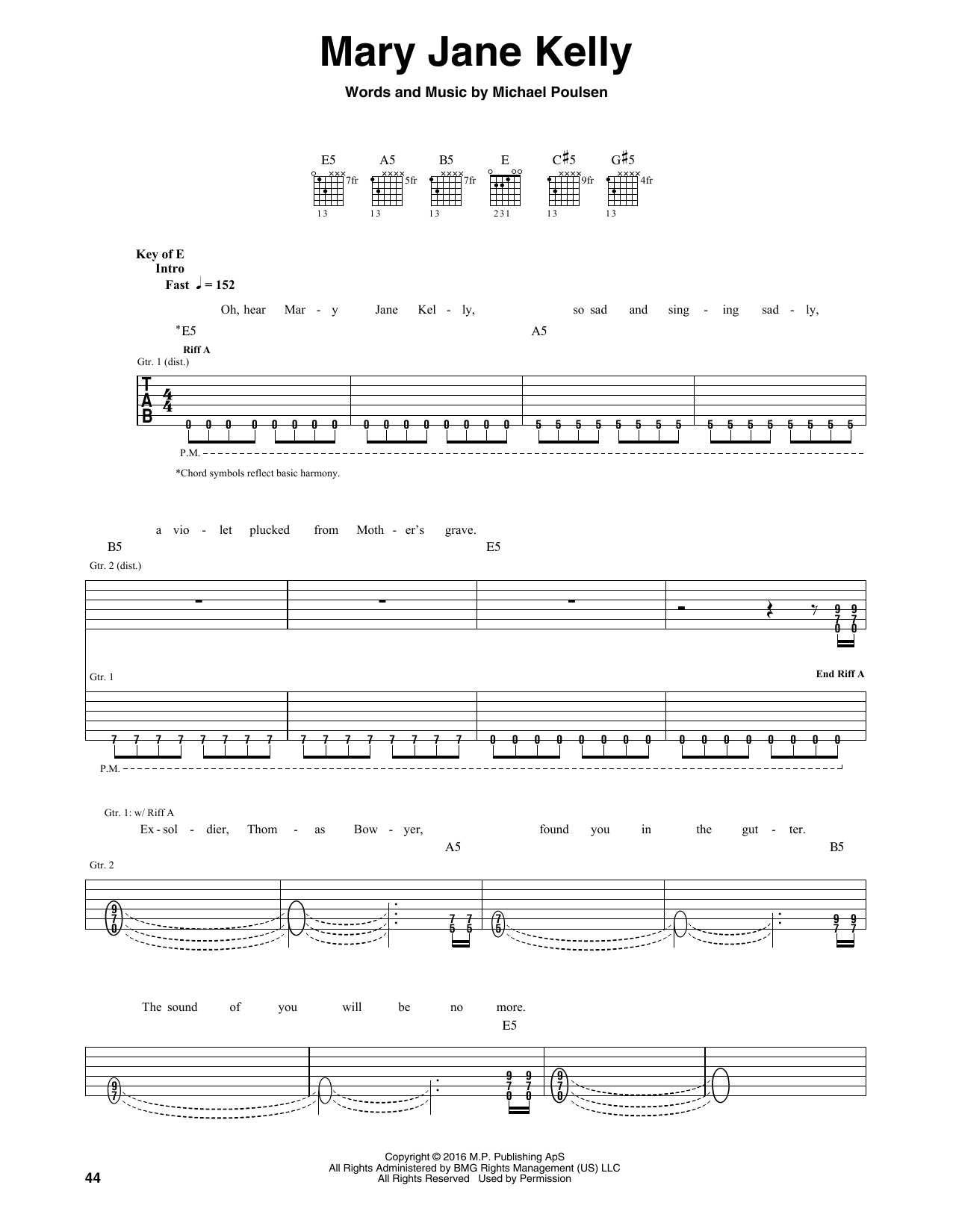 Download Volbeat Mary Jane Kelly Sheet Music and learn how to play Guitar Tab PDF digital score in minutes