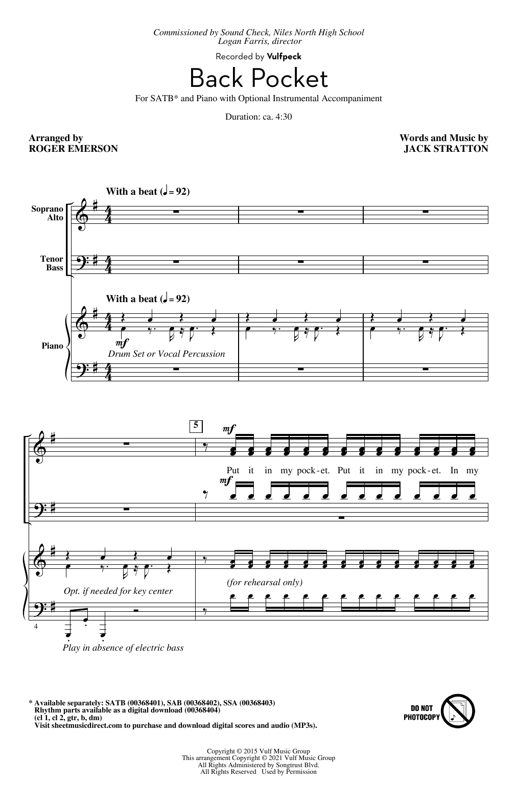 Download Vulfpeck Back Pocket (arr. Roger Emerson) Sheet Music and learn how to play SATB Choir PDF digital score in minutes